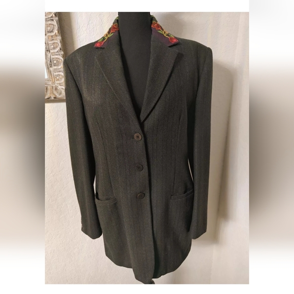 Callaghan Made In Italy Wool Silk Embroidered Collar Vintage Women's Blazer Sz M - Picture 1 of 10